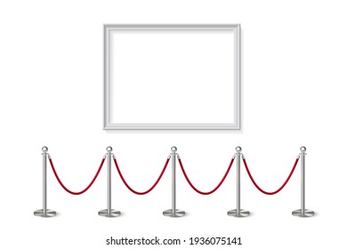 Grey frame for picture with silver stanchions barrier. Mock up template for famous painting vector illustration. Realistic scene with fence and wall indoor on white background.