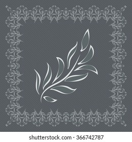 Grey frame and stylized tree branch. Gray tree leaves on a light background.