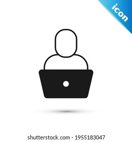 Grey Freelancer icon isolated on white background. Freelancer man working on laptop at his house. Online working, distant job concept.  Vector