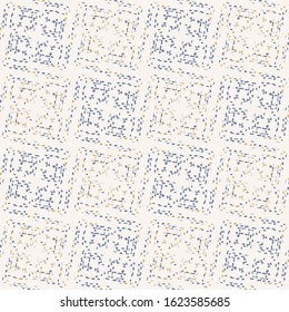 Grey french linen vector broken mosaic grid texture seamless pattern. Brush stroke grunge abstract background. Country farmhouse style textile. Irregular distressed square speckled mark allover print.