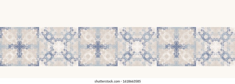 Grey french linen vector ceramic tilee texture border seamless pattern. Square mosaic azulejos. Grunge shabby chic abstract banner background. Country farmhouse style. Irregular distressed mark trim