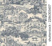 grey french toile de jouy pattern of classic royal manor with garden