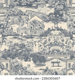 grey french toile de jouy pattern of classic royal manor with garden