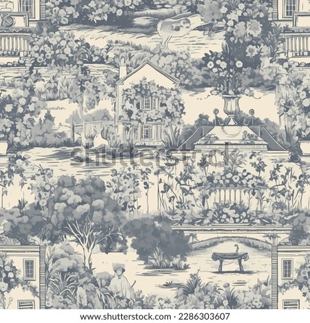 grey french toile de jouy pattern of classic royal manor with garden Stock foto © 