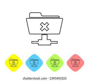 Grey FTP cancel operation line icon on white background. Concept of software update, transfer protocol, teamwork tool management, copy process. Set icon in color rhombus buttons. Vector Illustration