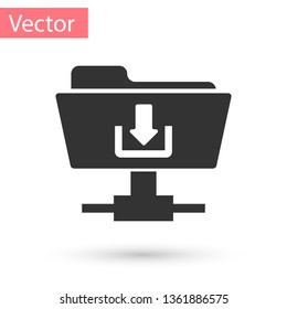 Grey FTP folder download icon on white background. Concept of software update, transfer protocol, router, teamwork tool management, copy process. Vector Illustration