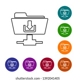 Grey FTP folder download line icon on white background. Concept of software update, transfer protocol, teamwork tool management, copy process. Set icon in color circle buttons. Vector Illustration