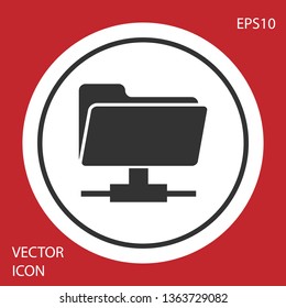 Grey FTP folder icon on red background. Concept of software update, ftp transfer protocol, router, teamwork tool management, copy process, info. Circle button. Vector Illustration