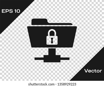 Grey FTP folder and lock icon isolated on transparent background. Concept of software update, ftp transfer protocol. Security, safety, protection concept. Vector Illustration