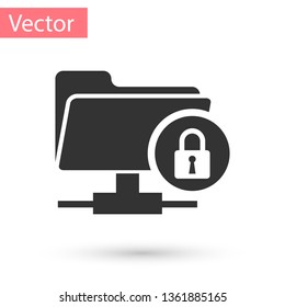 Grey FTP folder and lock icon isolated on white background. Concept of software update, ftp transfer protocol. Security, safety, protection concept. Vector Illustration