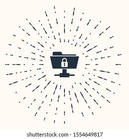 Grey FTP folder and lock icon isolated on beige background. Concept of software update, ftp transfer protocol. Security, safety, protection concept. Abstract circle random dots. Vector Illustration