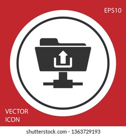 Grey FTP folder upload icon on red background. Concept of software update, transfer protocol, router, teamwork tool management, copy process. Circle button. Vector Illustration