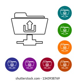 Grey FTP folder upload line icon isolated on white background. Concept of software update, transfer protocol, router, teamwork tool management, copy process. Vector Illustration