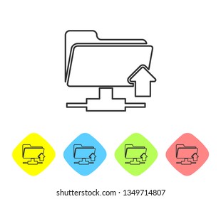Grey FTP folder upload line icon on white background. Concept of software update, transfer protocol, teamwork tool management, copy process. Set icon in color rhombus buttons. Vector Illustration