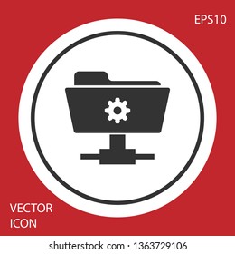 Grey FTP settings folder icon on red background. Concept of software update, transfer protocol, router, teamwork tool management, copy process. Circle button. Vector Illustration