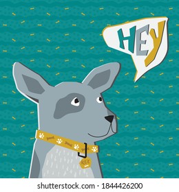 Grey funny  cartoon dog with collar.