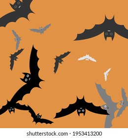 Grey Funny White Attack Halloween Art Illustration. Print Chaos Retro Light Art Flying Bats Fabrics. Silver Scary Motion Creepy Modern Style Background. Spooky Orange Black Bats Vector Illustration.