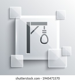 Grey Gallows rope loop hanging icon isolated on grey background. Rope tied into noose. Suicide, hanging or lynching. Square glass panels. Vector