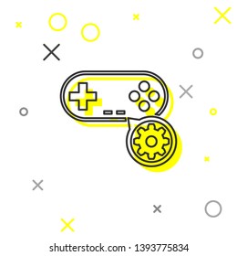 Grey Gamepad and gear line icon isolated on white background. Adjusting app, service concept, setting options, maintenance, repair, fixing. Vector Illustration