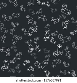 Grey Gamepad with screwdriver and wrench icon isolated seamless pattern on black background. Adjusting, service, setting, maintenance, repair, fixing.  Vector Illustration