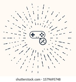 Grey Gamepad with screwdriver and wrench icon isolated on beige background. Adjusting, service, setting, maintenance, repair, fixing. Abstract circle random dots. Vector Illustration