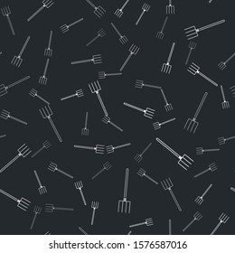 Grey Garden pitchfork icon isolated seamless pattern on black background. Garden fork sign. Tool for horticulture, agriculture, farming.  Vector Illustration