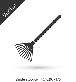 Grey Garden rake for leaves icon isolated on white background. Tool for horticulture, agriculture, farming. Ground cultivator.  Vector Illustration