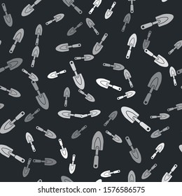 Grey Garden trowel spade or shovel icon isolated seamless pattern on black background. Gardening tool. Tool for horticulture, agriculture, farming.  Vector Illustration