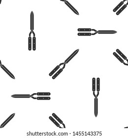 Grey Gardening handmade scissors for trimming icon isolated seamless pattern on white background. Pruning shears with wooden handles.  Vector Illustration