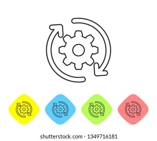 Grey Gear and arrows as workflow concept line icon isolated on white background. Gear reload sign. Set icon in color rhombus buttons. Vector Illustration