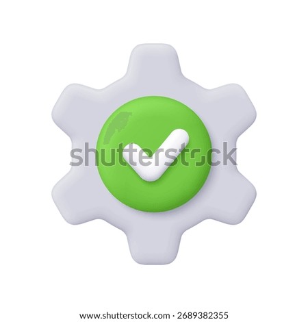 Grey gear with check mark on green circle button. Business, technology, user interface, settings, system configuration, approval and success concept. 3d vector icon. Cartoon minimal style.