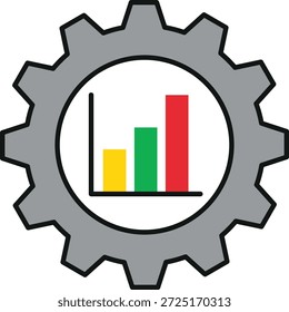 Engranaje gris con gráfico de barras interno que muestra el gráfico de rueda dentada de barras amarillas, verdes y rojas