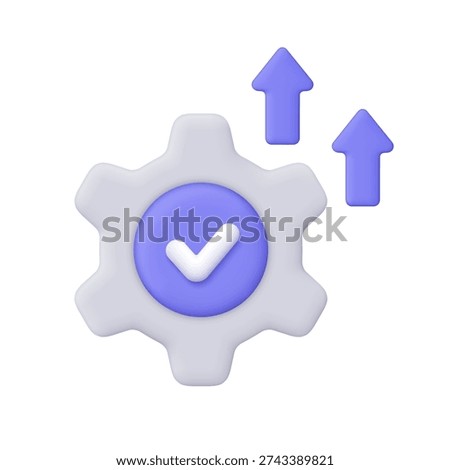 Grey gear with purple check mark and purple upward arrows. Task management, settings, optimization, productivity, success, approval and growth concept. 3d vector icon. Cartoon minimal style.