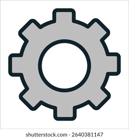 A grey gear symbol with a clear outline is displayed in a minimalist style. This design is commonly used in technological contexts, representing mechanical systems or settings.