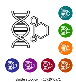 Grey Genetic engineering line icon isolated on white background. DNA analysis, genetics testing, cloning, paternity testing. Set icon in color circle buttons. Vector Illustration