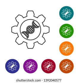 Grey Genetic engineering line icon isolated on white background. DNA analysis, genetics testing, cloning, paternity testing. Set icon in color circle buttons. Vector Illustration