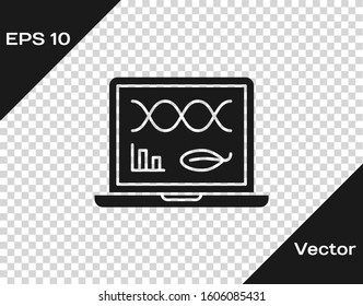 Grey Genetic engineering modification on laptop icon isolated on transparent background. DNA analysis, genetics testing, cloning.  Vector Illustration