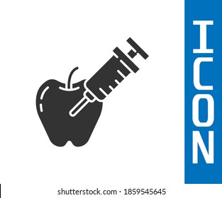 Grey Genetically modified apple icon isolated on white background. GMO fruit. Syringe being injected to apple.  Vector