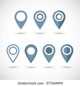 Grey geolocation vector icons set. Geolocate and navigation sign. Grey geo pins  icons set. 