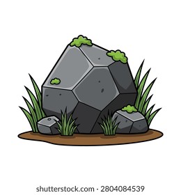 Grey geometric boulder rock with grass and moss landscape geometric backdrop