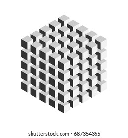 Grey geometric cube of 125 smaller isometric cubes. Abstract design element. Science or construction concept. 3D vector object.