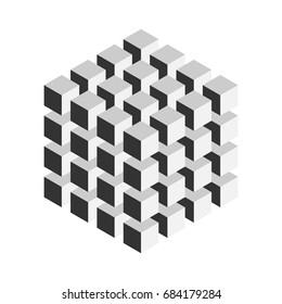 Grey geometric cube of 64 smaller isometric cubes. Abstract design element. Science or construction concept. 3D vector object.