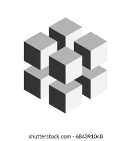 Grey geometric cube of 8 smaller isometric cubes. Abstract design element. Science or construction concept. 3D vector object.