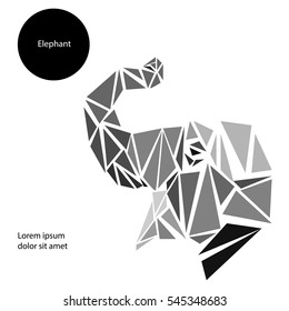 Grey geometric triangular vector elephant head icon with trunk held hight up in the air, sideview