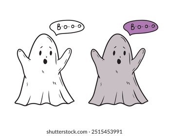 Fantasma gris que asusta a la gente y grita libro con las manos levantándose sobre fondo blanco. Dibujado a mano ilustración de boceto de Vector en estilo de arte de línea vintage grabado doodle. Feliz halloween, libro para colorear