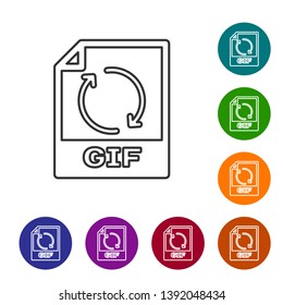 Grey GIF file document icon. Download gif button line icon isolated on white background. GIF file symbol. Set icon in color circle buttons. Vector Illustration