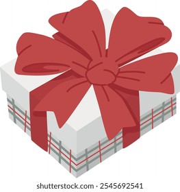 grey gift box in red and grey check with red bow. holiday present box. happy birthday, Christmas, New Year, wedding or Valentine day package concept. vector flat illustration isolated. 