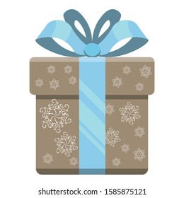Grey gift box with white snowflakes and blue shiny ribbon bow.