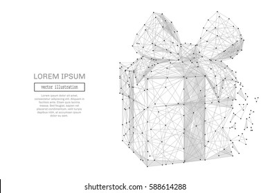 Grey gift with polygon line on abstract background. Polygonal space low poly with connecting dots and lines. Connection structure. Vector science background