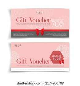 Grey gift voucher with red bow ribbon. Simple and luxury style. Gift card with ribbon.